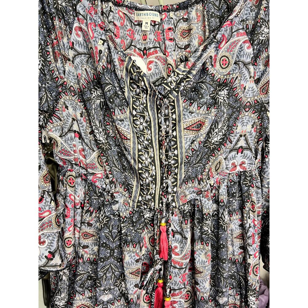 NWT Earthbound Trading Co Boho Maxi Dress Paisley Tassel Tie Peasant Sleeve S M - Picture 9 of 13